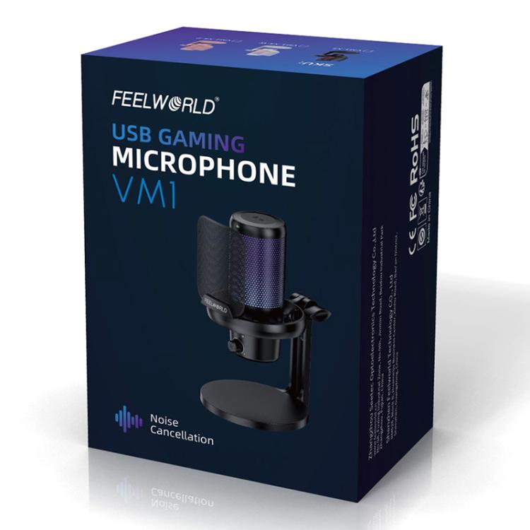 FEELWORLD VM1 USB Condenser Gaming Microphone for Streaming Noise Cancellation Mute RGB Light Desktop Stand