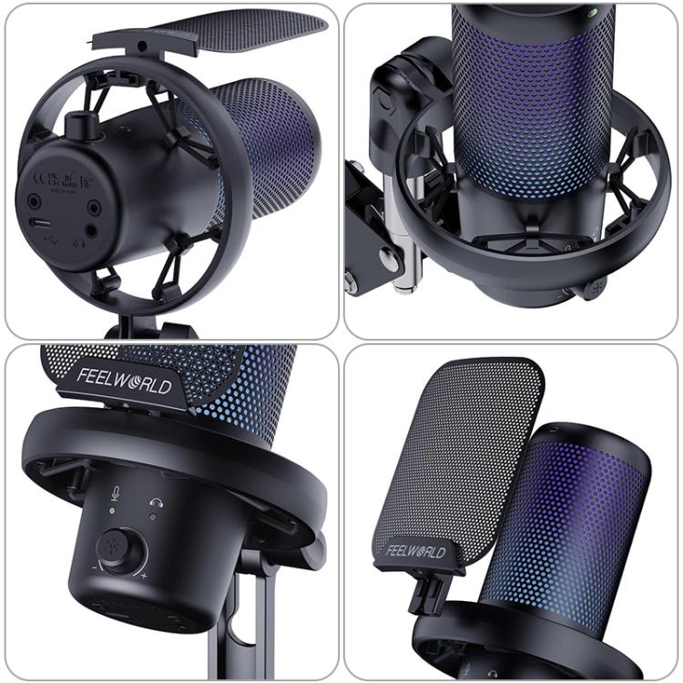 FEELWORLD VM1 USB Condenser Gaming Microphone for Streaming Noise Cancellation Mute RGB Light Boom Arm Stand