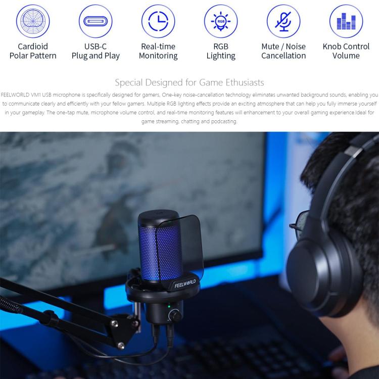 FEELWORLD VM1 USB Condenser Gaming Microphone for Streaming Noise Cancellation Mute RGB Light Boom Arm Stand