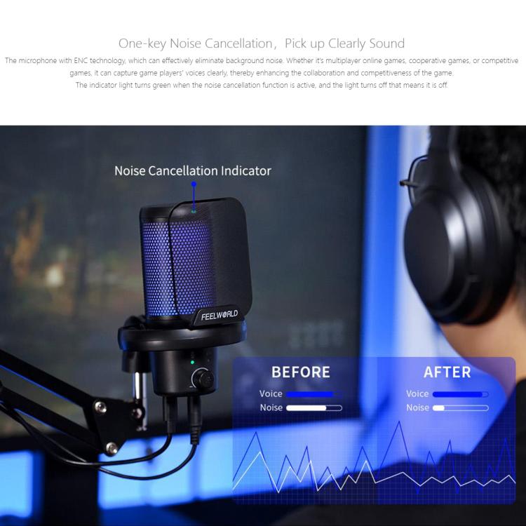 FEELWORLD VM1 USB Condenser Gaming Microphone for Streaming Noise Cancellation Mute RGB Light Boom Arm Stand