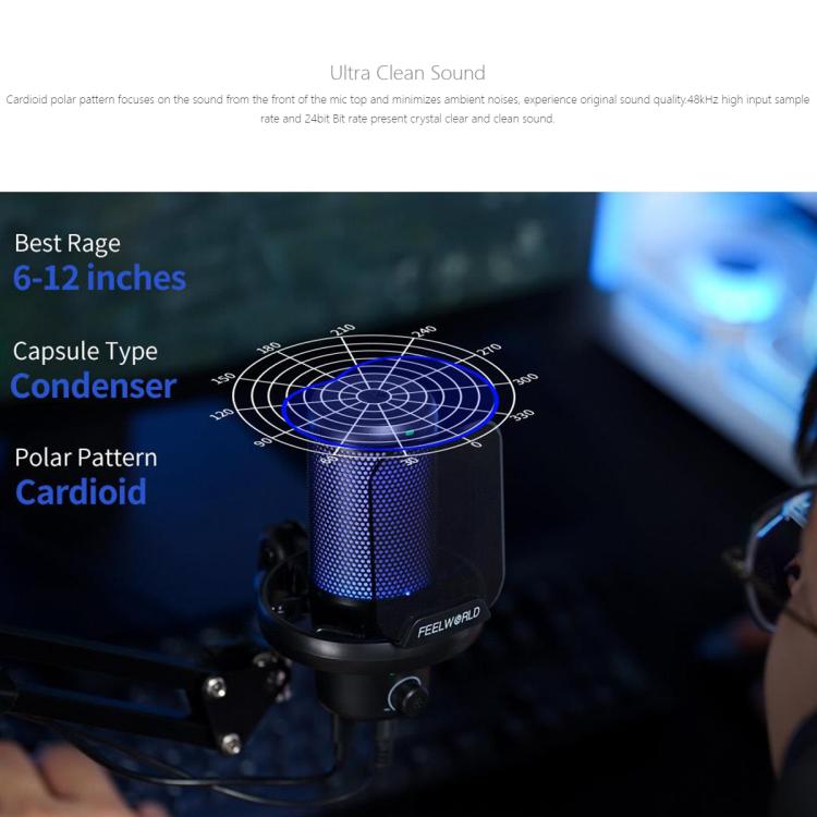 FEELWORLD VM1 USB Condenser Gaming Microphone for Streaming Noise Cancellation Mute RGB Light Boom Arm Stand