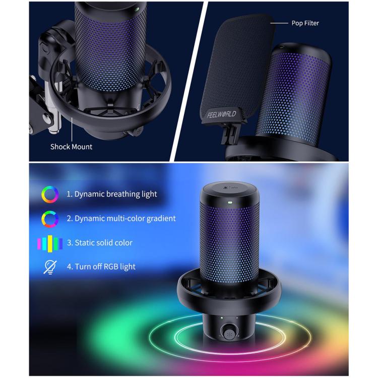 FEELWORLD VM1 USB Condenser Gaming Microphone for Streaming Noise Cancellation Mute RGB Light Boom Arm Stand
