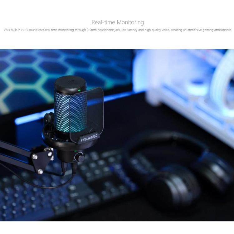 FEELWORLD VM1 USB Condenser Gaming Microphone for Streaming Noise Cancellation Mute RGB Light Boom Arm Stand