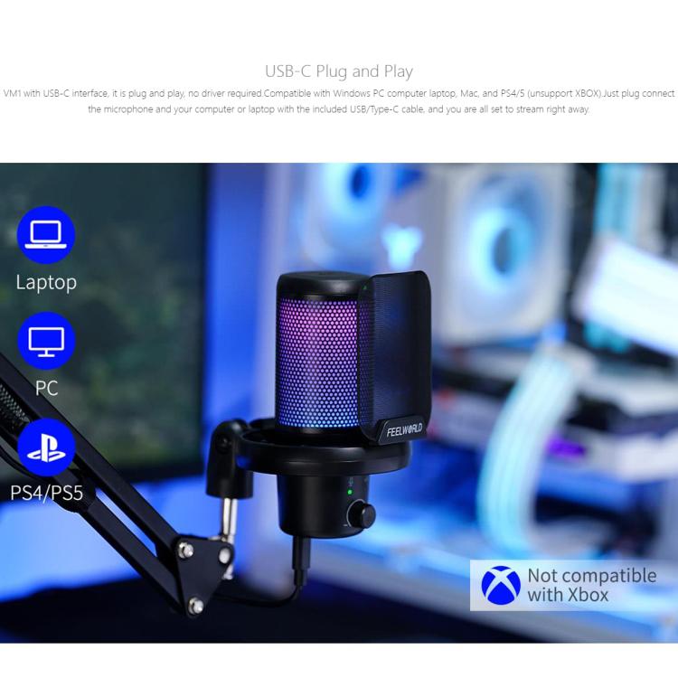 FEELWORLD VM1 USB Condenser Gaming Microphone for Streaming Noise Cancellation Mute RGB Light Boom Arm Stand