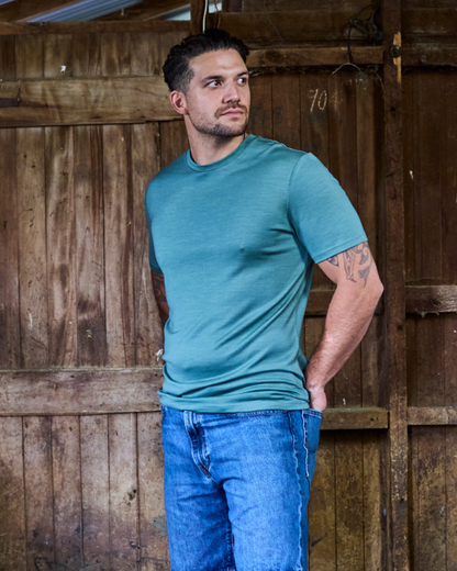 Men's Crew Short Sleeve T-shirt - 100% Merino Wool, Fern Green Merino 365 NZ