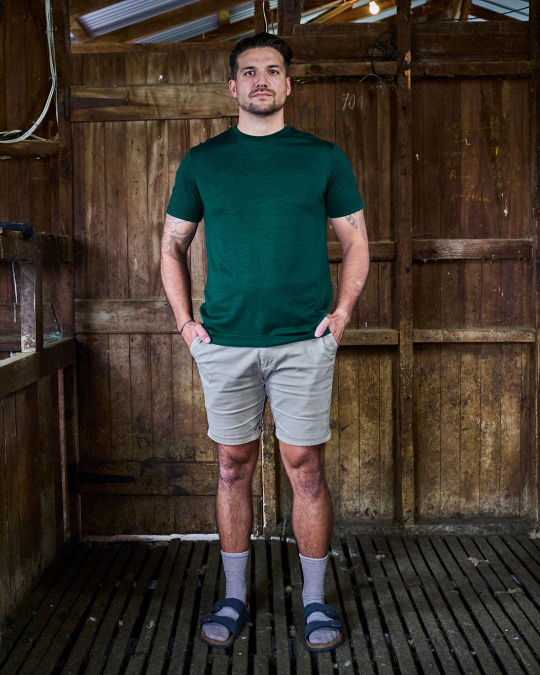 Men's Crew Short Sleeve T-shirt - 100% Merino Wool, Pine Green Merino 365 NZ