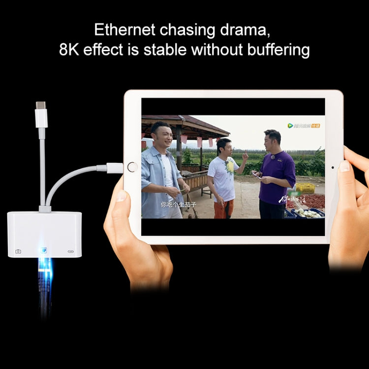 NK-107 Pro 3 in 1 USB-C / Type-C + 8 Pin Male to USB + RJ45 + 8 Pin Charging Female Interface Adapter