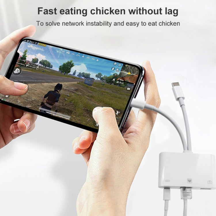 NK-107 Pro 3 in 1 USB-C / Type-C + 8 Pin Male to USB + RJ45 + 8 Pin Charging Female Interface Adapter