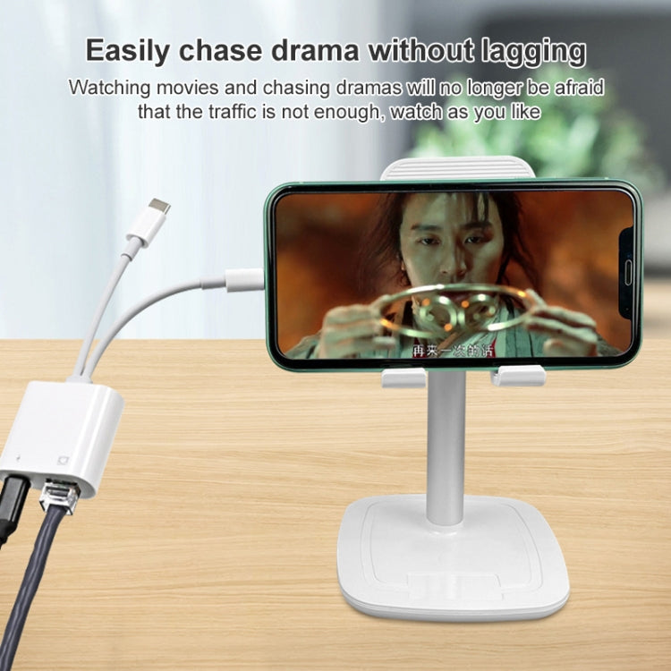 NK-1035 Pro 2 in 1 USB-C / Type-C + 8 Pin Male to RJ45 + 8 Pin Charging Female Interface Adapter