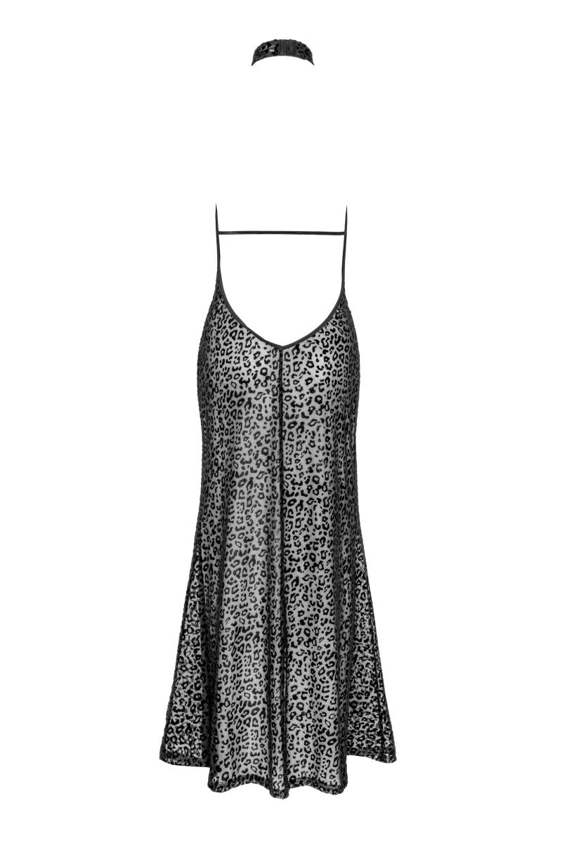 F288 Long leopard flock dress with front slit - 3XL-1