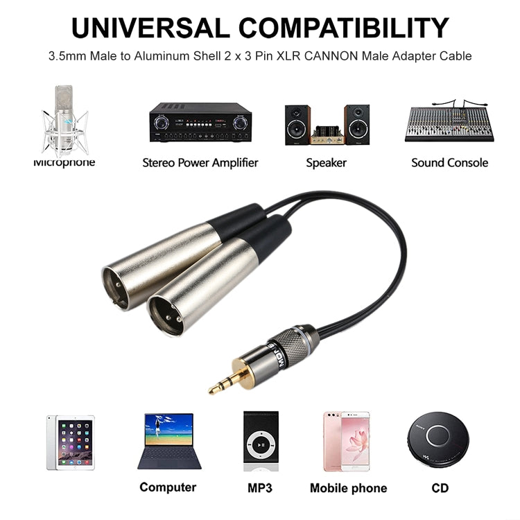 Metal Head 3.5mm Male to Aluminum Shell 2 x 3 Pin XLR CANNON Male Audio Connector Adapter Cable, Total Length: about 25cm