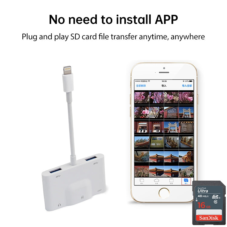 NK-1042 6 in 1 8 Pin Male to Dual USB + Dual SD Card + 3.5mm Audio Interface + 8 Pin Charging Interface Female Port Camera Adapter