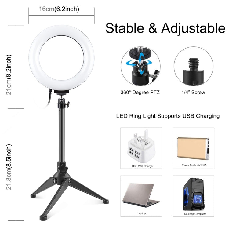PULUZ 6.2 inch 16cm USB 3 Modes Dimmable LED Ring Vlogging Photography Video Lights + Desktop Tripod Holder with Cold Shoe Tripod Ball Head