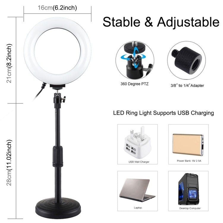 PULUZ 6.2 inch 16cm USB 10 Modes 8 Colors RGBW Dimmable LED Ring Vlogging Photography Video Lights + Round Base Desktop Mount with Cold Shoe Tripod Ball Head