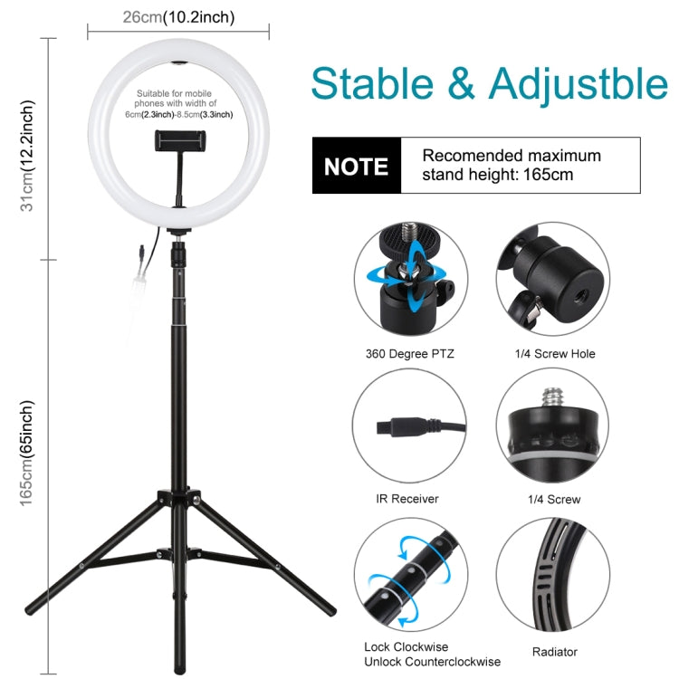 PULUZ 10.2 inch 26cm RGBW Light + 1.65m Tripod Mount Curved Surface USB RGBW Dimmable LED Ring Vlogging Video Light Live Broadcast Kits with Cold Shoe Tripod Ball Head & Phone Clamp & Remote Control