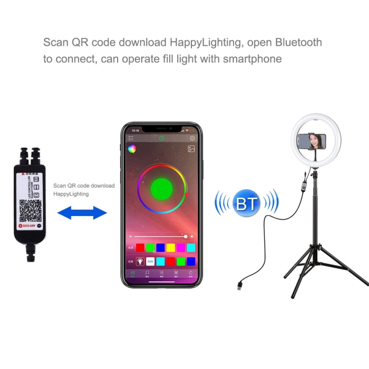 PULUZ 10.2 inch 26cm RGBW Light + 1.65m Tripod Mount Curved Surface USB RGBW Dimmable LED Ring Vlogging Video Light Live Broadcast Kits with Cold Shoe Tripod Ball Head & Phone Clamp & Remote Control