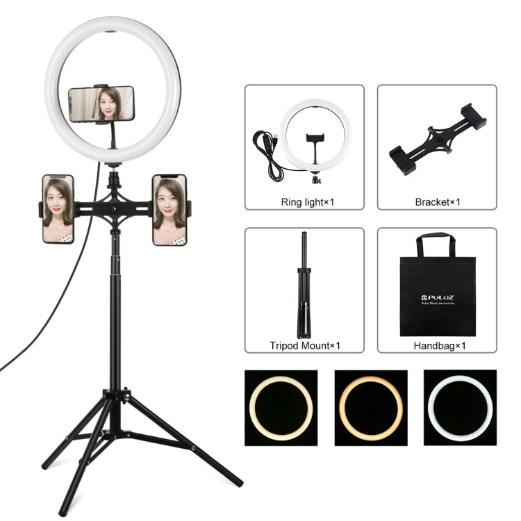 PULUZ 11.8 inch 30cm Light + 1.65m Tripod + Dual Phone Bracket Curved Surface USB 3 Modes Dimmable Dual Color Temperature LED Ring Vlogging Video Light  Live Broadcast Kits with Phone Clamp