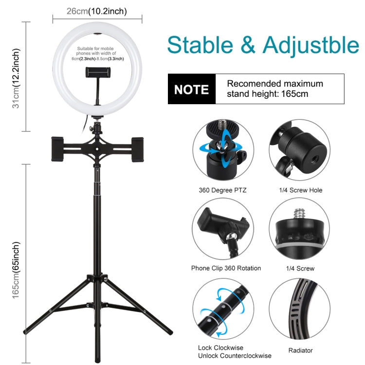 PULUZ 1.65m Tripod Mount + Dual Phone Brackets + 10.2 inch 26cm Curved Surface USB 3 Modes Dimmable Dual Color Temperature Ring Selfie Vlogging Video Light Live Broadcast Kits with Phone Clamp & Selfie Remote Control