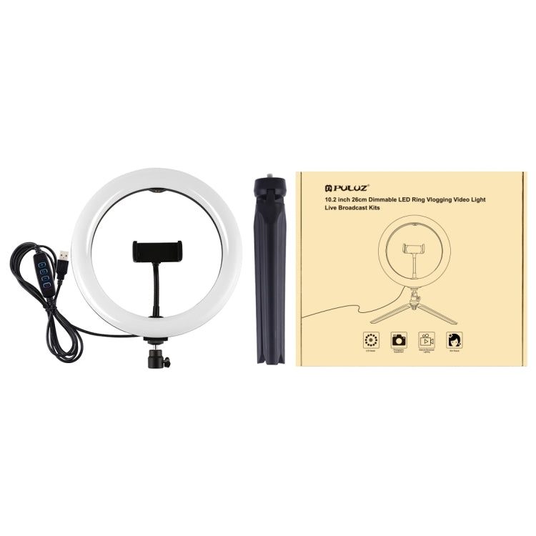 PULUZ 10.2 inch 26cm Selfie Beauty Light + Desktop Tripod Mount USB 3 Modes Dimmable LED Ring Vlogging Selfie Photography Video Lights with Cold Shoe Tripod Ball Head & Phone Clamp