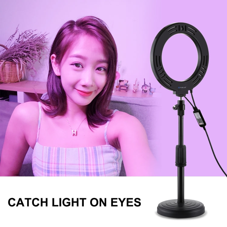 PULUZ 6.2 inch 16cm RGBW Light + Round Base Desktop Holder USB Dimmable LED Ring Vlogging Photography Video Lights with Cold Shoe Tripod Ball Head & Remote Control