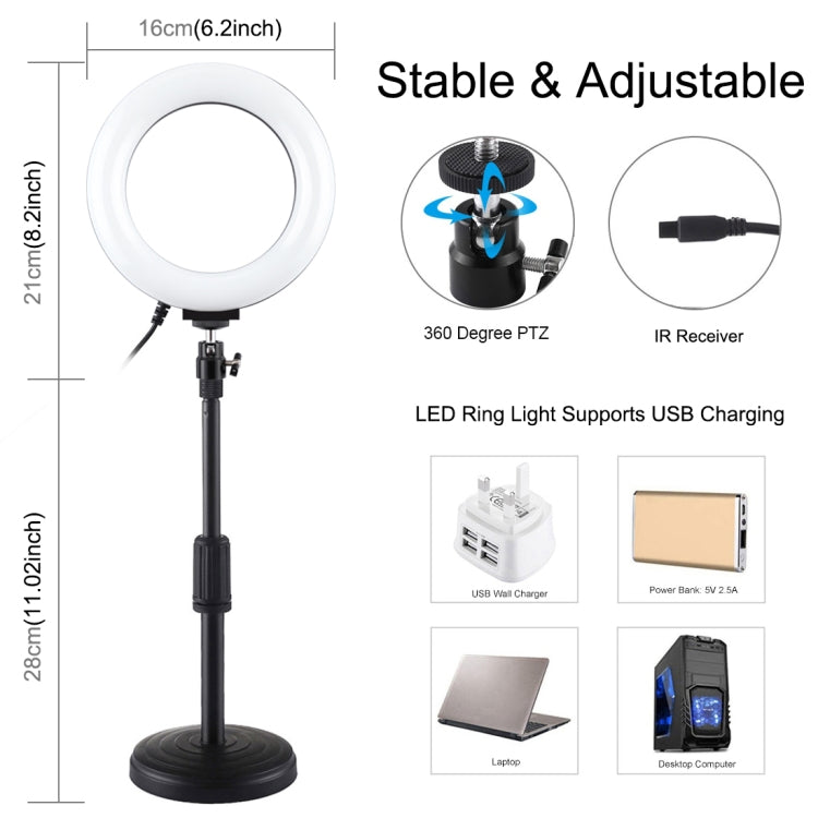 PULUZ 6.2 inch 16cm RGBW Light + Round Base Desktop Holder USB Dimmable LED Ring Vlogging Photography Video Lights with Cold Shoe Tripod Ball Head & Remote Control
