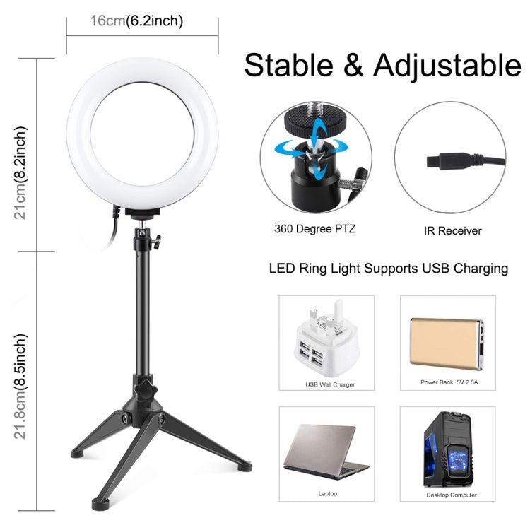 PULUZ 6.2 inch 16cm RGBW Light + Desktop Tripod Mount + USB Dimmable LED Ring Vlogging Photography Video Lights with Cold Shoe Tripod Ball Head & Remote Control