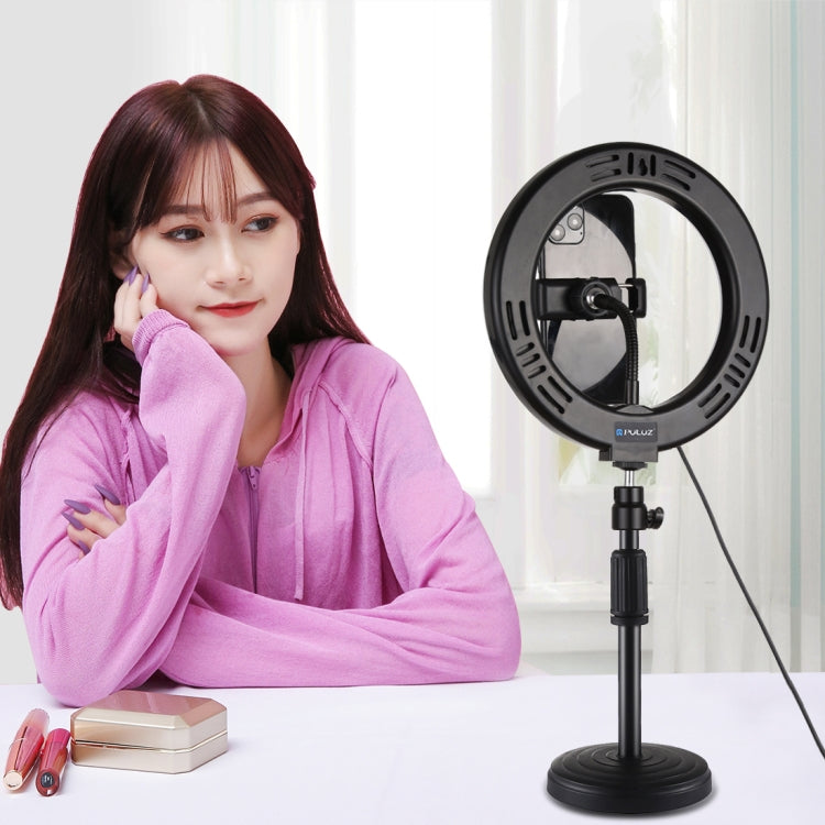 PULUZ 7.9 inch 20cm Light+ Round Base Desktop Holder USB 3 Modes Dimmable Dual Color Temperature LED Curved Light Ring Vlogging Selfie Photography Video Lights with Phone Clamp