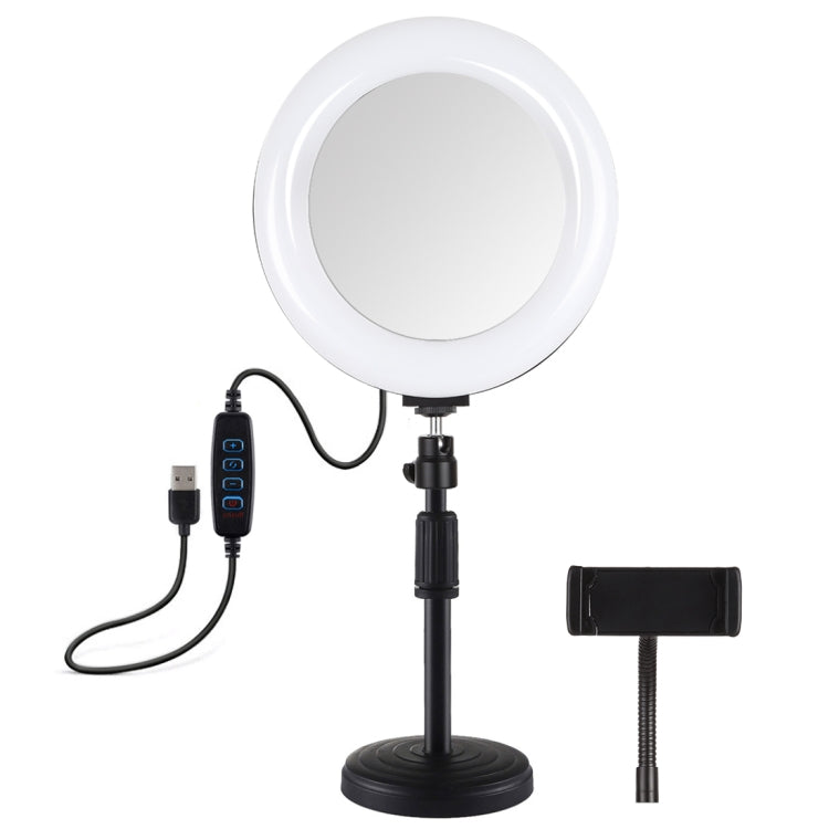 PULUZ 7.9 inch 20cm Mirror Light + Round Base Desktop Mount 3 Modes Dimmable Dual Color Temperature LED Curved Light Ring Vlogging Selfie Photography Video Lights with Phone Clamp