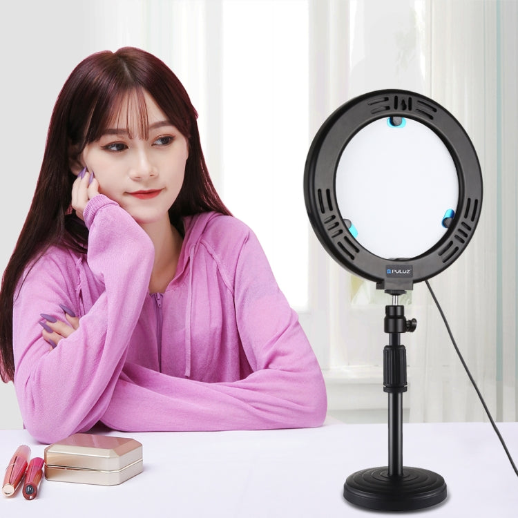 PULUZ 7.9 inch 20cm Mirror Light + Round Base Desktop Mount 3 Modes Dimmable Dual Color Temperature LED Curved Light Ring Vlogging Selfie Photography Video Lights with Phone Clamp