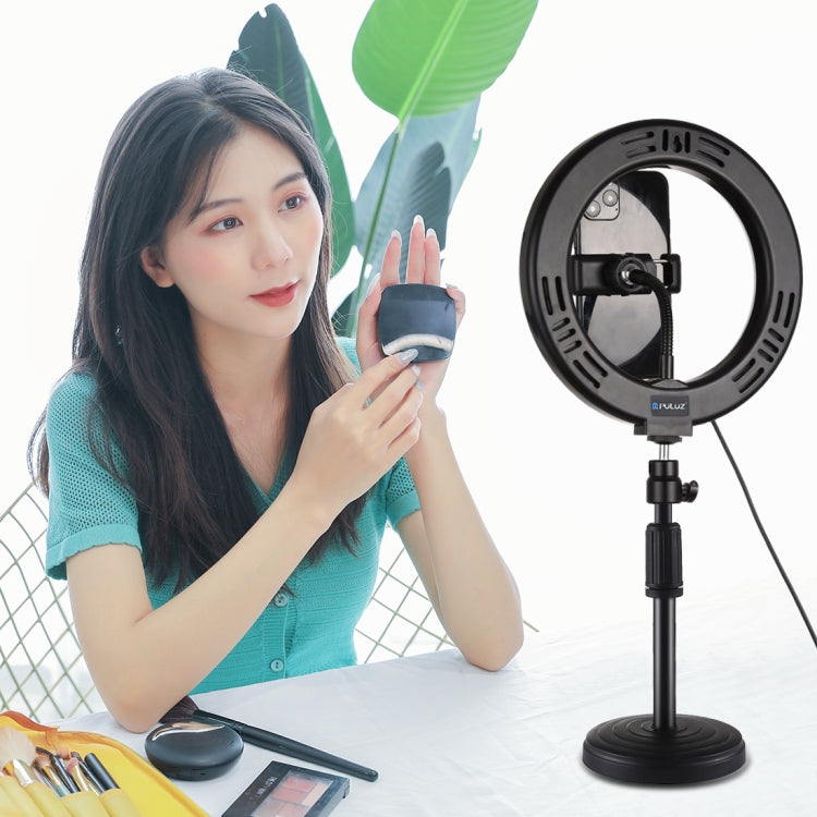 PULUZ 7.9 inch 20cm Mirror Light + Round Base Desktop Mount 3 Modes Dimmable Dual Color Temperature LED Curved Light Ring Vlogging Selfie Photography Video Lights with Phone Clamp