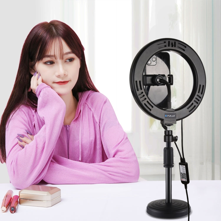 PULUZ 7.9 inch 20cm RGBW Light + Round Base Desktop Mount Dimmable LED Dual Color Temperature LED Curved Light Ring Vlogging Selfie Photography Video Lights with Phone Clamp