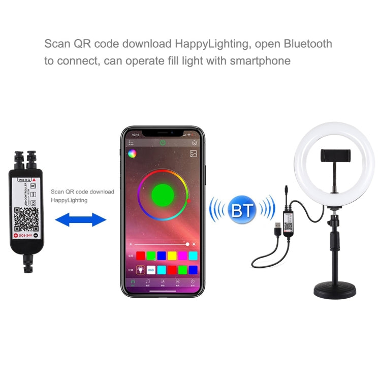 PULUZ 7.9 inch 20cm RGBW Light + Round Base Desktop Mount Dimmable LED Dual Color Temperature LED Curved Light Ring Vlogging Selfie Photography Video Lights with Phone Clamp