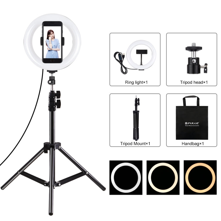 PULUZ 7.9 inch 20cm Light+ 1.1m Tripod Mount USB 3 Modes Dimmable Dual Color Temperature LED Curved Light Ring Vlogging Selfie Photography Video Lights with Phone Clamp