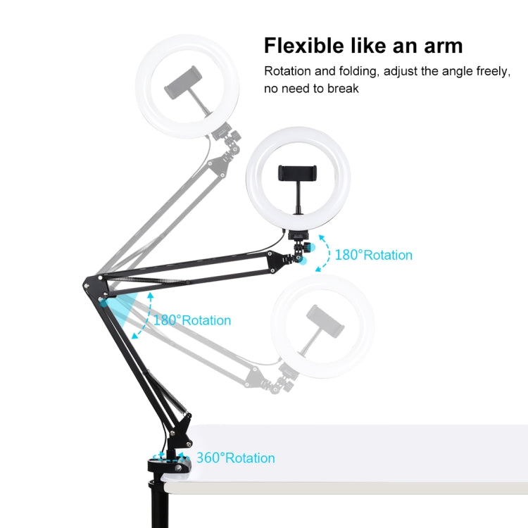 PULUZ 7.9 inch 20cm Ring Curved Light + Desktop Arm Stand USB 3 Modes Dimmable Dual Color Temperature LED Vlogging Selfie Photography Video Lights with Phone Clamp