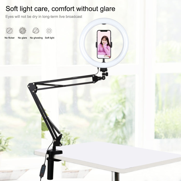 PULUZ 10.2 inch 26cm Ring Curved Light + Desktop Arm Stand USB 3 Modes Dimmable Dual Color Temperature LED Vlogging Selfie Photography Video Lights with Phone Clamp