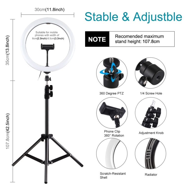 PULUZ 11.8 inch 30cm Light + 1.1m Tripod Mount Curved Surface RGBW Dimmable LED Ring Vlogging Photography Video Lights Live Broadcast Kits with Tripod Ball Head & Phone Clamp