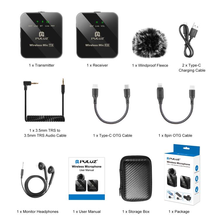 PULUZ 1 TX + 1 RX Wireless Lavalier Microphone