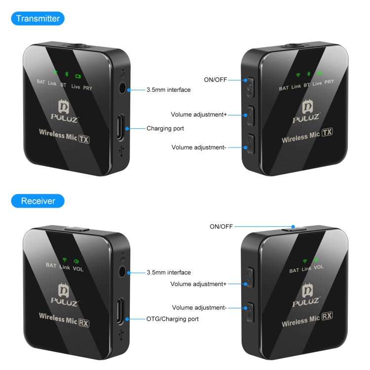 PULUZ 1 TX + 1 RX Wireless Lavalier Microphone
