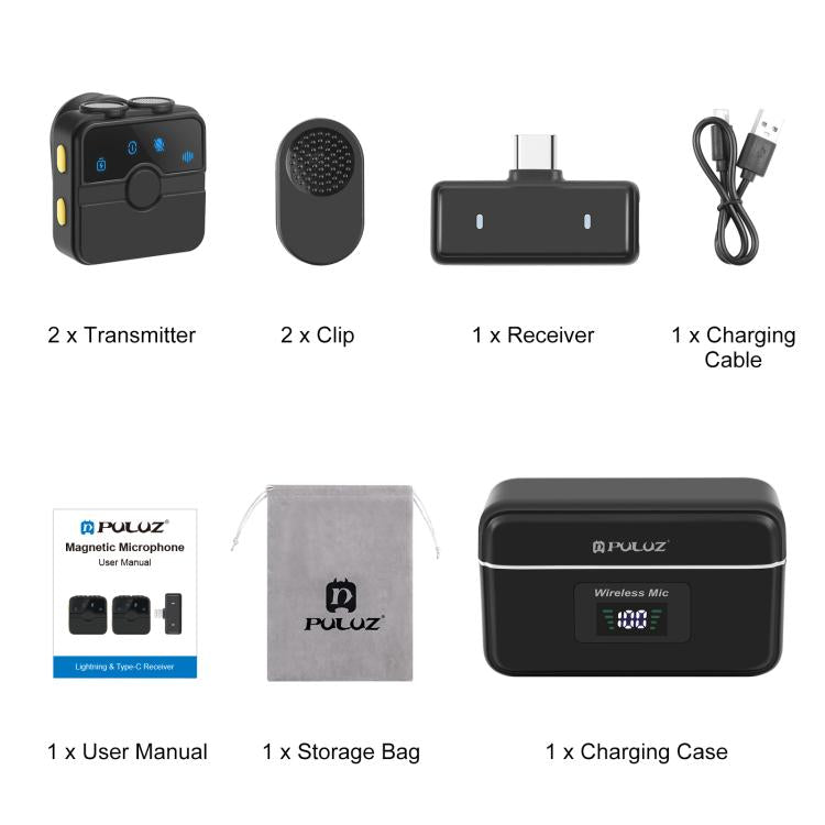 PULUZ Magnetic Lavalier Wireless Microphone with Charging Case Box, Type-C RX Receiver and 2 TX Microphones