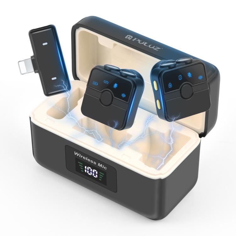 PULUZ Magnetic Lavalier Wireless Microphone with Charging Case Box, 8 Pin RX Receiver and 2 TX Microphones