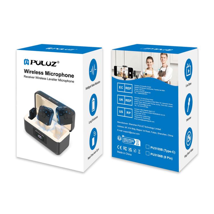 PULUZ Magnetic Lavalier Wireless Microphone with Charging Case Box, 8 Pin RX Receiver and 2 TX Microphones