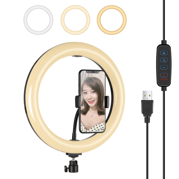 PULUZ 10.2 inch 26cm USB 3 Modes Dimmable LED Ring Vlogging Selfie Beauty Photography Video Lights with Tripod Ball Head & Phone Clamp