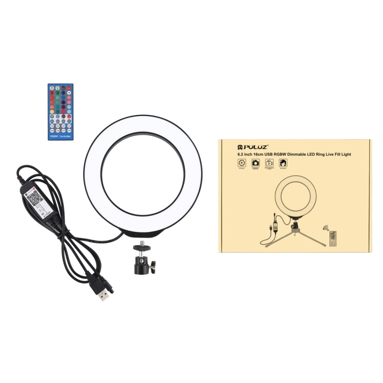 PULUZ 6.2 inch 16cm USB RGBW Dimmable LED Ring Vlogging Photography Video Lights  with Cold Shoe Tripod Ball Head & Remote Control