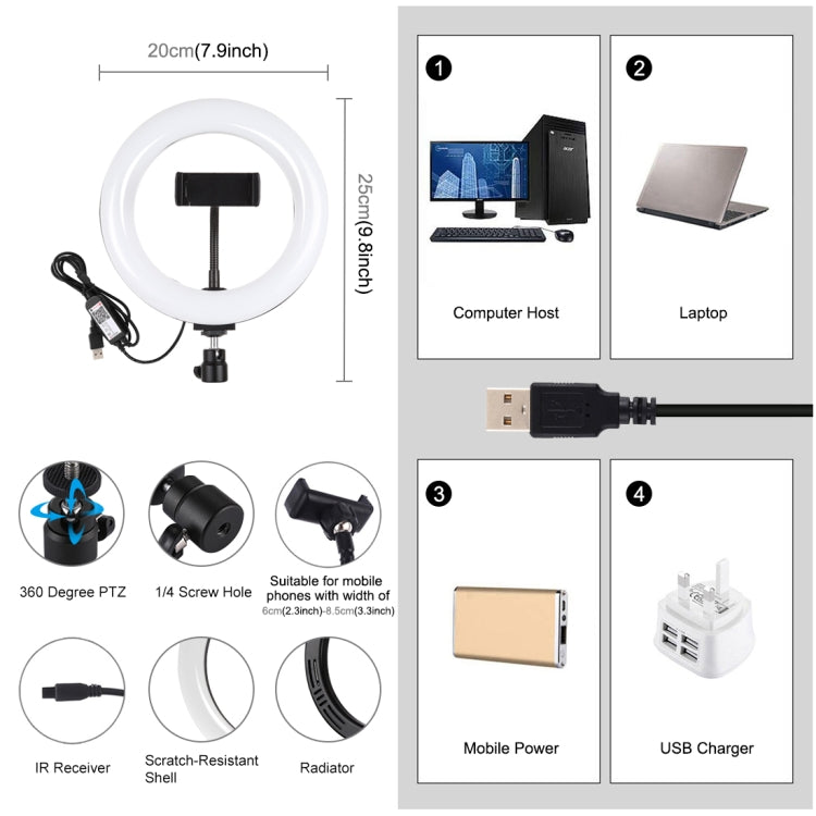 PULUZ 7.9 inch 20cm USB RGB Dimmable LED Dual Color Temperature LED Curved Light Ring Vlogging Selfie Photography Video Lights with Phone Clamp