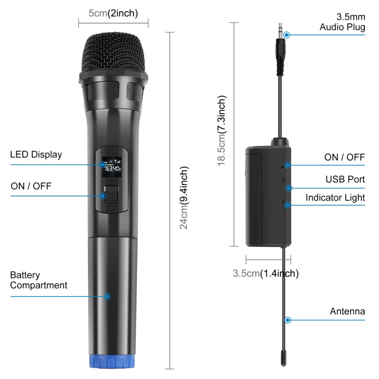 PULUZ 1 To 2 UHF Wireless Dynamic Microphones with LED Display, 3.5mm Transmitter
