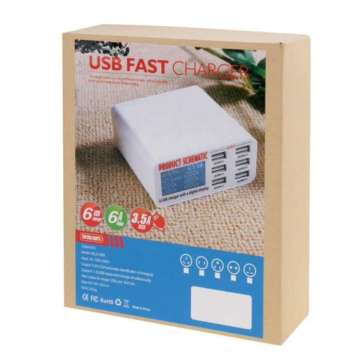 WLX-899 30W USB Charger 5V 6A Output 3.5A Max High Speed 6-Ports USB Charger with Digital Display & 1.5m Cable