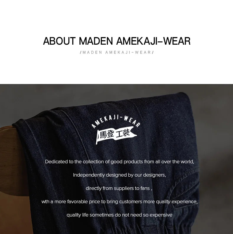 Maden Casual 10oz Jogger Denim Jeans with Elastic Waist Drawstring Washed Straight Trousers for Men's Spring and Autumn Pants