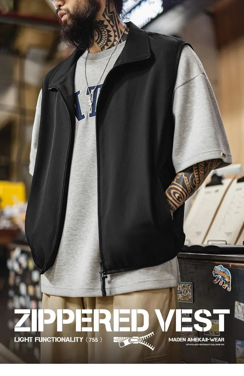 Maden Outdoor Men's Stand Collar Zip-Up Vest Lightweight Black Quick Dry Camping Fishing Waistcoat for Summer Sleeveless Jacket
