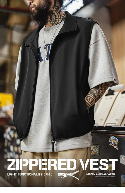 Maden Outdoor Men's Stand Collar Zip-Up Vest Lightweight Black Quick Dry Camping Fishing Waistcoat for Summer Sleeveless Jacket