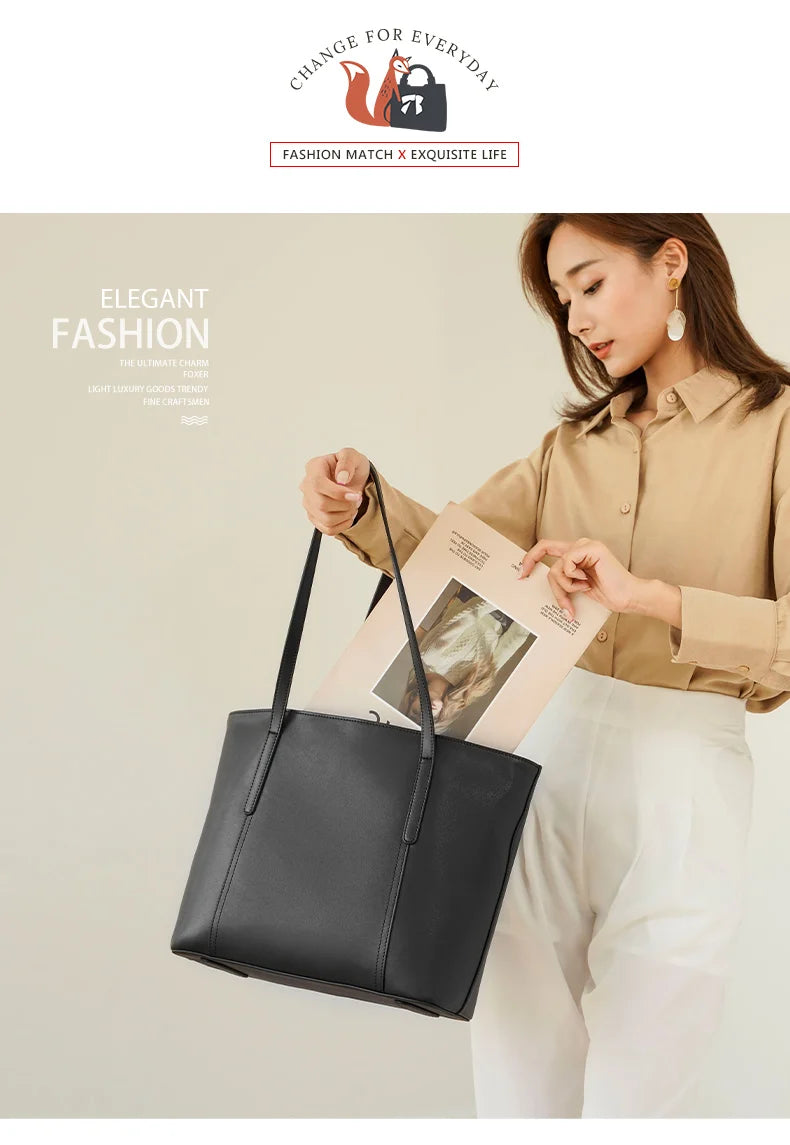 FOXER Split Leather Shoulder Bag for Women Simple Large Capacity Tote Lady Classic Black Handbag Gift for Wife, Lover